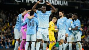 Manchester City players celebrate at the end of the English League Cup soccer match between Manchester City and Brighton and Hove Albion in Manchester, England, Wednesday, Oct. 28, 2026. (AP Photo/Dave Thompson)