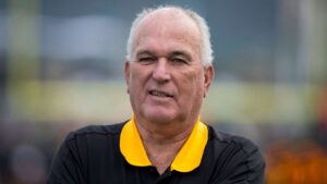Hamilton Tiger-Cats head coach June Jones looks on before first half CFL football action against the Toronto Argonauts, in Hamilton, Ont., on Monday, September 4, 2017. THE CANADIAN PRESS/Peter Power