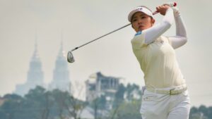 Miyu Yamashita of Japan plays a shot on the 6th hole during the third day of the LPGA Maybank Championship in Kuala Lumpur, Malaysia, Saturday, Oct. 31, 2026. (AP Photo/Vincent Thian)