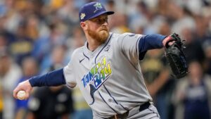 Tampa Bay Rays pitcher Drew Rasmussen throws during the first inning of Game 2 of baseball's World Series, Saturday, Oct. 24, 2026, in Milwaukee, between the Milwaukee Brewers and the Tampa Bay Rays. (AP Photo/Kayla Wolf)