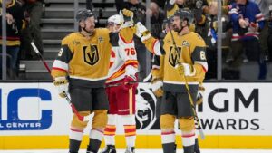 Vegas Golden Knights right wing Mark Stone (61) celebrates this third goal against the Calgary Flames during the third period of an NHL hockey game Thursday, Oct. 15, 2026, in Las Vegas. (John Locher/AP)