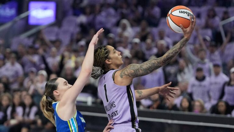 Golden State Valkyries forward Gabby Williams, right, shoots against Dallas Wings guard Paige Bueckers during the first half of Game 3 of a WNBA basketball first-round playoff series, Friday, Oct. 2, 2026, in San Francisco. (Jeff Chiu/AP)