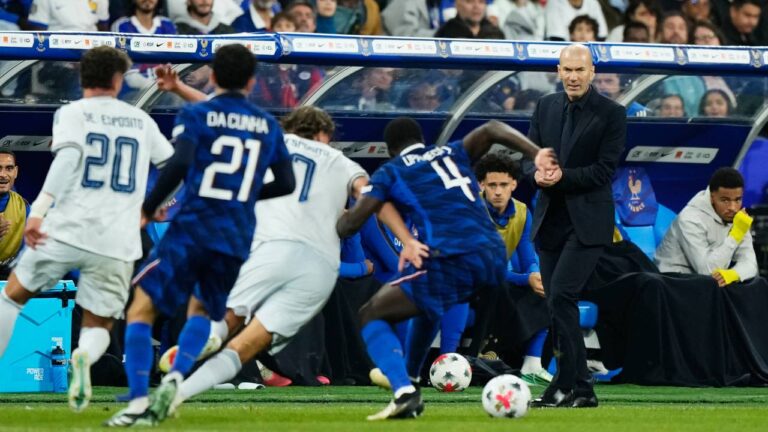 France's head coach Zinedine Zidane, right, looks on during the UEFA Nations League Group A soccer match between France and Italy in Saint-Denis near Paris, Friday, Oct. 2, 2026. (Teresa Suarez/AP)