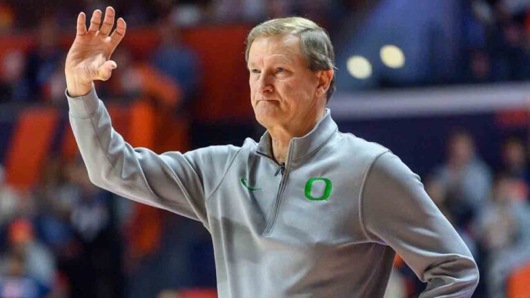 Oregon head coach Dana Altman motions to his team during an NCAA college basketball game against Illinois, March 3, 2026, in Champaign, Ill. (Craig Pessman/AP)