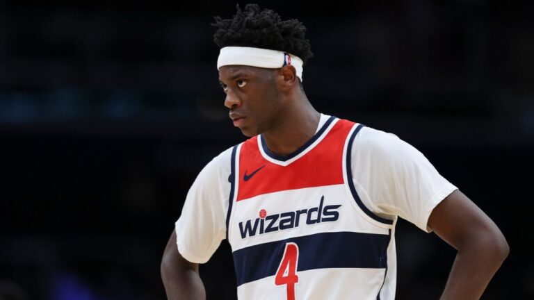 Washington Wizards forward AJ Dybantsa (4) looks on during the second half of a pre-season NBA basketball game against the Brooklyn Nets in Washington, Monday, Oct. 12, 2026. (Terrance Williams/AP)