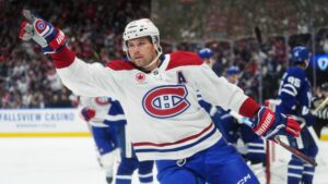 Montreal Canadiens' Josh Anderson (17) celebrates his goal against the Toronto Maple Leafs during first period NHL hockey action in Toronto on Tuesday, Sept. 29, 2026. (Nathan Denette/CP)