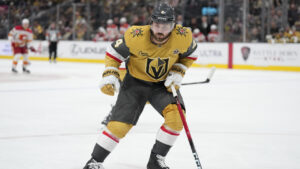 Vegas Golden Knights defenceman Rasmus Andersson (4) plays against the Calgary Flames during the first period of an NHL hockey game Thursday, Oct. 15, 2026, in Las Vegas. (John Locher/AP)