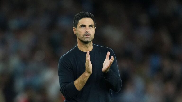 Arsenal's manager Mikel Arteta applauds the fans at the end of the English Premier League soccer match between Arsenal and Coventry City in London, Friday, Aug. 21, 2026. (Kirsty Wigglesworth/AP)