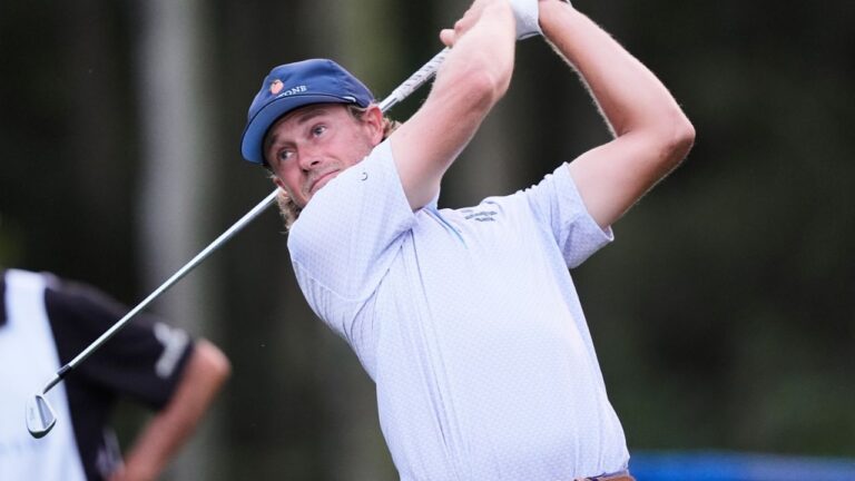 Austin Smotherman hits from the eighth tee during the first round of The Players Championship golf tournament Thursday, March 12, 2026, in Ponte Bedra Beach, Fla. (Gerald Herbert/AP)