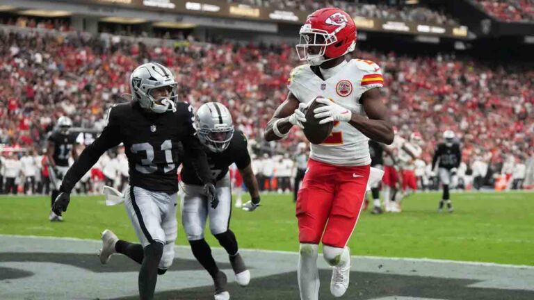Kansas City Chiefs wide receiver Tyquan Thornton (2) scores a touchdown past Las Vegas Raiders safety Treydan Stukes (31) during the second half of an NFL football game in Las Vegas, Sunday, Oct. 4, 2026. (Rick Scuteri/AP)