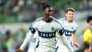 Vancouver Whitecaps forward Yadaly Diaby (77) celebrates a goal against Austin FC during the second half of an MLS soccer match in Austin, Texas, Saturday, Oct. 17, 2026. (Stephen Spillman/AP)