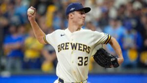 Milwaukee Brewers pitcher Jacob Misiorowski throws during Game 1 of baseball's National League Championship Series between the Milwaukee Brewers and the Los Angeles Dodgers, Sunday, Oct. 11, 2026, in Milwaukee. (Abbie Parr/AP)