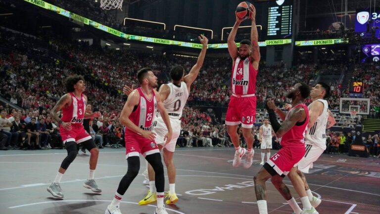 Olympiacos' Cory Joseph jumps for the ball during the Euroleague final basketball match between Olympiacos and Real Madrid in Athens, Greece, May 24, 2026. (Thanassis Stavrakis/AP)