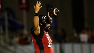 Ottawa Redblacks quarterback Bryson Barnes (17) celebrates a touchdown during second half CFL football action against the Saskatchewan Roughriders in Ottawa on Friday, Jul. 3, 2026. (Justin Tang/THE CANADIAN PRESS)