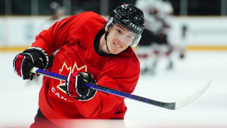 Cole Beaudoin (29) warms up during the Canadian World Junior Hockey Championships selection camp scrimmage against U Sports in Ottawa on Thursday, Dec. 12, 2024. (Sean Kilpatrick/THE CANADIAN PRESS)