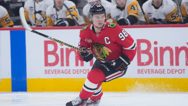 Chicago Blackhawks centre Connor Bedard (98) skates during the first period of an NHL hockey game against the Pittsburgh Penguins, Tuesday, Oct. 13, 2026, in Chicago. (Harry Figiel/AP)