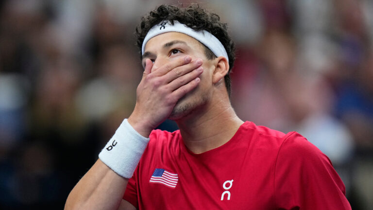 United States' Ben Shelton reacts after failing to return a ball a ball to Czechia's Jiri Lehecka during the Davis Cup second round qualifier match between the Czech Republic and the United States, in Prague, Friday, Sept. 18, 2026. (Petr David Josek/AP)