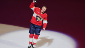 Florida Panthers left wing Brady Tkachuk acknowledges the crowd after scoring a game winning goal during overtime in an NHL hockey game against the Vancouver Canucks, Thursday, Oct. 15, 2026, in Sunrise, Fla. (Lynne Sladky/AP)