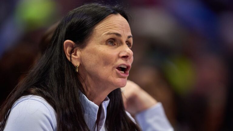 Toronto Tempo head coach Sandy Brondello instructs her team during a WNBA basketball game against the Dallas Wings in Arlington, Texas, Wednesday, Aug. 12, 2026. (Tony Gutierrez/AP)