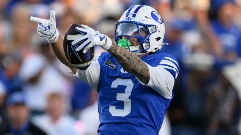 BYU wide receiver Kyler Kasper celebrates after a catch and run for a first down during the first half of an NCAA college football game against Notre Dame, Saturday, Oct. 17, 2026, in Provo, Utah. (Tyler Tate/AP Photo)