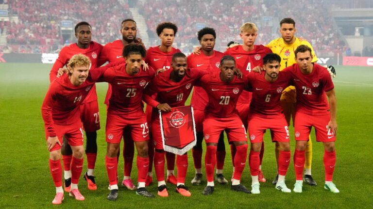 Canada's Men's National Team line up before International friendly action against Chile, in Toronto, on Saturday, Sept. 26, 2026. (Chris Young/CP)