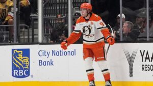 Anaheim Ducks centre Leo Carlsson (91) celebrates after scoring against the Vegas Golden Knights during the second period of an NHL hockey game Friday, Oct. 2, 2026, in Las Vegas. (John Locher/AP Photo)