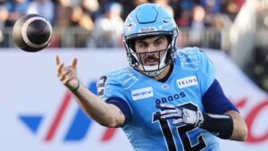 Toronto Argonauts quarterback Chad Kelly (12) throws a touchdown pass against the Ottawa Redblacks during second half Eastern Conference semifinal CFL football action, (Frank Gunn/THE CANADIAN PRESS)