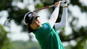 Hye-Jin Choi, of South Korea, hits from the 17th tee during the second round of the Women's PGA Championship golf tournament, Friday, June 26, 2026, in Chaska, Minn. (Chris Carlson/AP Photo)
