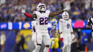 Buffalo Bills safety C.J. Gardner-Johnson celebrates after a false start call during the first half of an NFL football game against the Los Angeles Rams, Monday, Oct. 12, 2026, in Inglewood, Calif. (Scott Strazzante/AP)