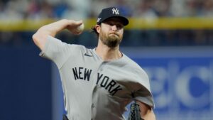 New York Yankees starting pitcher Gerrit Cole throws against the Tampa Bay Rays during the first inning of Game 1 of an American League Division Series baseball game Saturday, Oct. 3, 2026, in St. Petersburg, Fla. (Chris O'Meara/AP Photo)