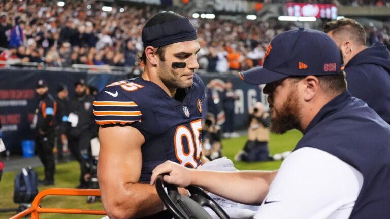 Chicago Bears tight end Cole Kmet (85) is carted off the field after suffering an injury on a pass play during the second half of an NFL football game against the New England Patriots in Chicago, Thursday, Oct. 22, 2026. (Nam Y. Huh/AP)