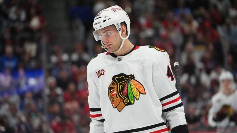 Chicago Blackhawks defenceman Louis Crevier in the second period of an NHL hockey game, Feb. 28, 2026, in Denver. (David Zalubowski/AP)