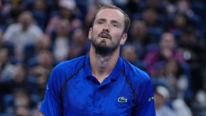 Daniil Medvedev, of Russia, reacts during the men's single semi-final match against Novak Djokovic, of Serbia, at the China Open tennis tournament in Beijing, Monday, Oct. 5, 2026. (Andy Wong/AP)