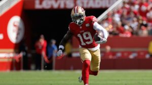 San Francisco 49ers wide receiver Deebo Samuel Sr. (19) runs against the Denver Broncos during the first half of an NFL football game in Santa Clara, Calif., Sunday, Oct. 4, 2026. (Kelley L. Cox/AP)