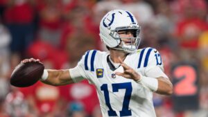 Indianapolis Colts quarterback Daniel Jones looks to pass during the second half an NFL football game against the Kansas City Chiefs in Kansas City, Mo., Sunday, Sept. 20, 2026. (Reed Hoffmann/AP)