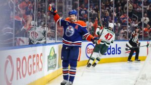 Edmonton Oilers' Leon Draisaitl (29) celebrates a goal against the Minnesota Wild during second period NHL hockey action in Edmonton on Tuesday, Oct. 20, 2026. (Codie McLachlan/CP)