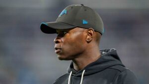 Carolina Panthers defensive co-ordinator Ejiro Evero looks on during an NFL football game between the Carolina Panthers and the Detroit Lions on Sunday, Oct. 4, 2026, in Charlotte, N.C. (Jacob Kupferman/AP)