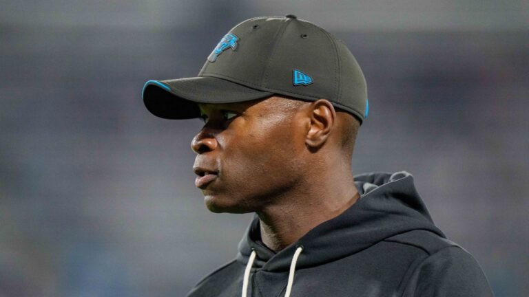 Carolina Panthers defensive co-ordinator Ejiro Evero looks on during an NFL football game between the Carolina Panthers and the Detroit Lions on Sunday, Oct. 4, 2026, in Charlotte, N.C. (Jacob Kupferman/AP)