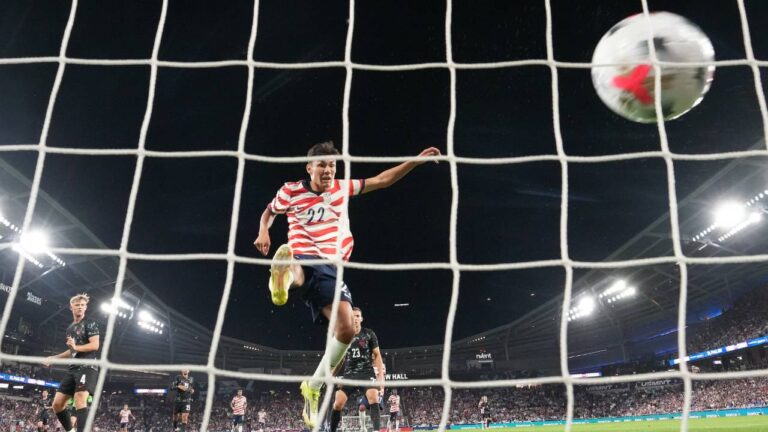 United States' Justin Ellis (22) scores a goal during the first half of an international friendly soccer match against Canada Tuesday, Oct. 6, 2026, in St. Paul, Minn. (Abbie Parr/AP)