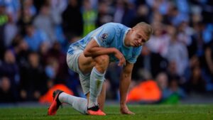 Manchester City's Erling Haaland reacts during the English Premier League soccer match between Manchester City and Sunderland in Manchester, England, Sunday, Sept. 20, 2026. (Dave Thompson/AP)