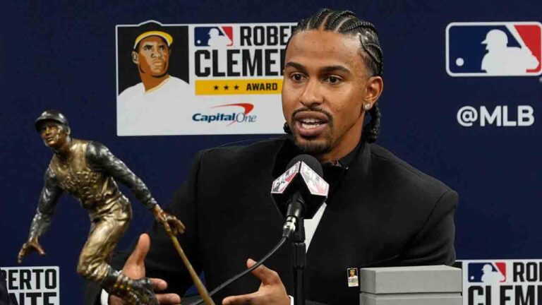 New York Mets' Francisco Lindor speaks after being named the 2026 recipient of Major League Baseball's Roberto Clemente Award ahead of Game 3 of baseball's World Series, Monday, Oct. 26, 2026, in St. Petersburg, Fla., between the Milwaukee Brewers and the Tampa Bay Rays. (Chris O'Meara/AP)