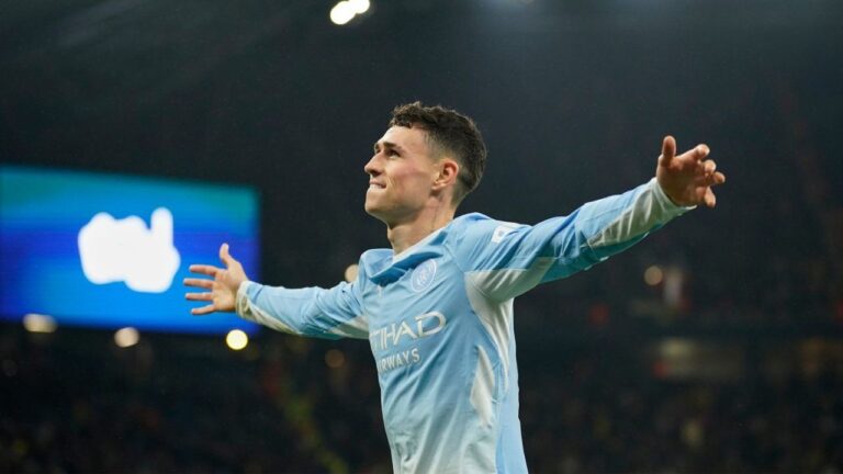 Manchester City's Phil Foden celebrates after scoring fourth goal during the Champions League soccer match between Manchester City and AEK Athens in Manchester, England, Tuesday, Oct. 20, 2026. (Dave Thompson/AP)