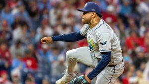 Tampa Bay Rays pitcher Freddy Peralta throws in the first inning of a baseball game against the Philadelphia Phillies, Friday, Sept. 25, 2026, in Philadelphia. (Laurence Kesterson/AP)