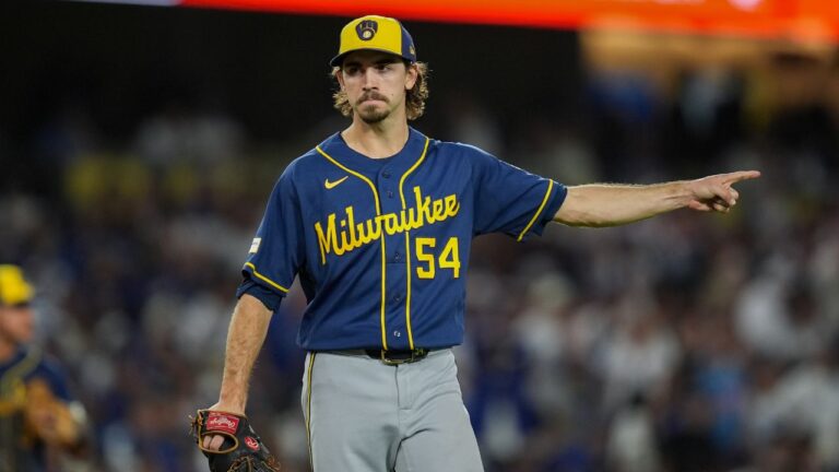 Milwaukee Brewers pitcher Robert Gasser motions after an out during the fifth inning of Game 3 of baseball's National League Championship Series between the Milwaukee Brewers and the Los Angeles Dodgers, Wednesday, Oct. 14, 2026, in Los Angeles. (Gregory Bull/AP)