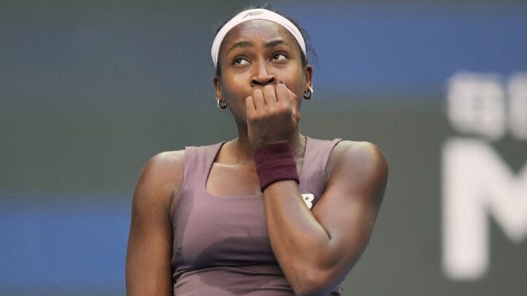 Coco Gauff of the United States reacts during play against Elise Mertens of Belgium during the fourth round of the women's singles match at the China Open tennis tournament in Beijing, Wednesday, Oct. 7, 2026. (Achmad Ibrahim/AP Photo)