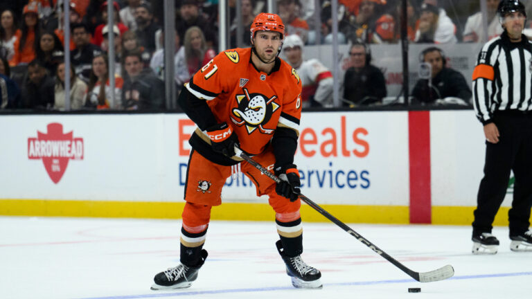 Anaheim Ducks left wing Cutter Gauthier (61) controls the puck during an NHL hockey game against the Florida Panthers, Sunday, Oct. 4, 2026, in Anaheim, Calif. (Kyusung Gong/AP)