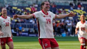 Canada defender Vanessa Gilles (14) celebrates her goal during the first half of a SheBelieves Cup women's soccer tournament match against Colombia, Sunday, March 1, 2026, in Nashville, Tenn. (George Walker IV/AP)