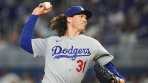 Los Angeles Dodgers starting pitcher Tyler Glasnow (31) throws during the first inning of a baseball game against the Miami Marlins, Saturday, Sept. 12, 2026, in Miami. (Lynne Sladky/AP)