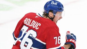 Montreal Canadiens' Zachary Bolduc (76) reacts after scoring against the Buffalo Sabres during first period NHL hockey action in Montreal on Saturday, Oct. 17, 2026. (Graham Hughes/THE CANADIAN PRESS)