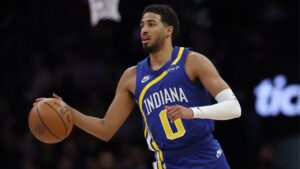 Indiana Pacers' Tyrese Haliburton (0) dribbles the ball during the first half of an NBA basketball game against the Brooklyn Nets Sunday, Oct. 25, 2026, in New York. (Pamela Smith/AP)